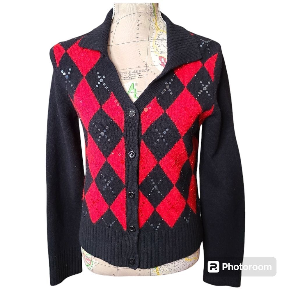 NINE West Size X-Small Red Black Collar Button Down Argyle Cardigan Sweater